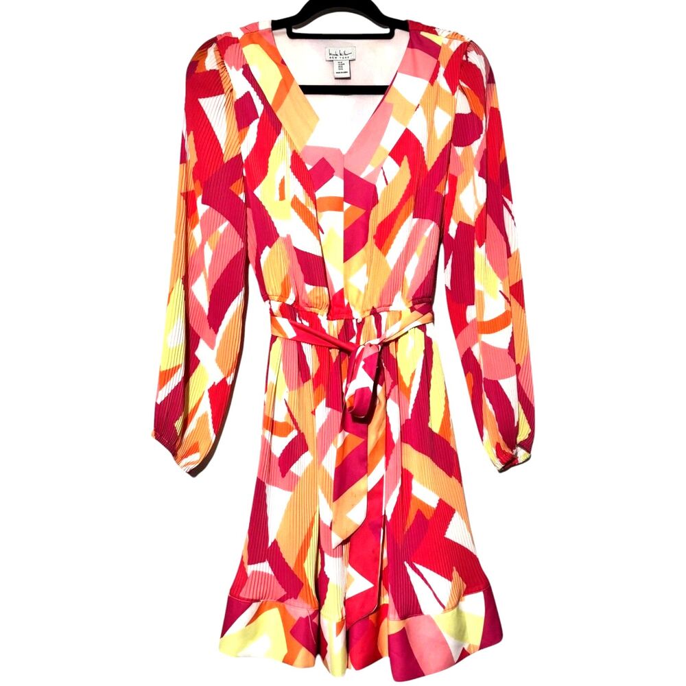 Nicole Miller Geometric Print Mini Dress Med Pink Orange Belted Cocktail Party